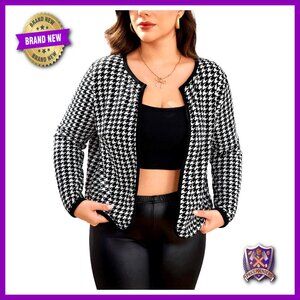 Plus Size Houndstooth Open Front Long Sleeve Casual Jacket Outerwear